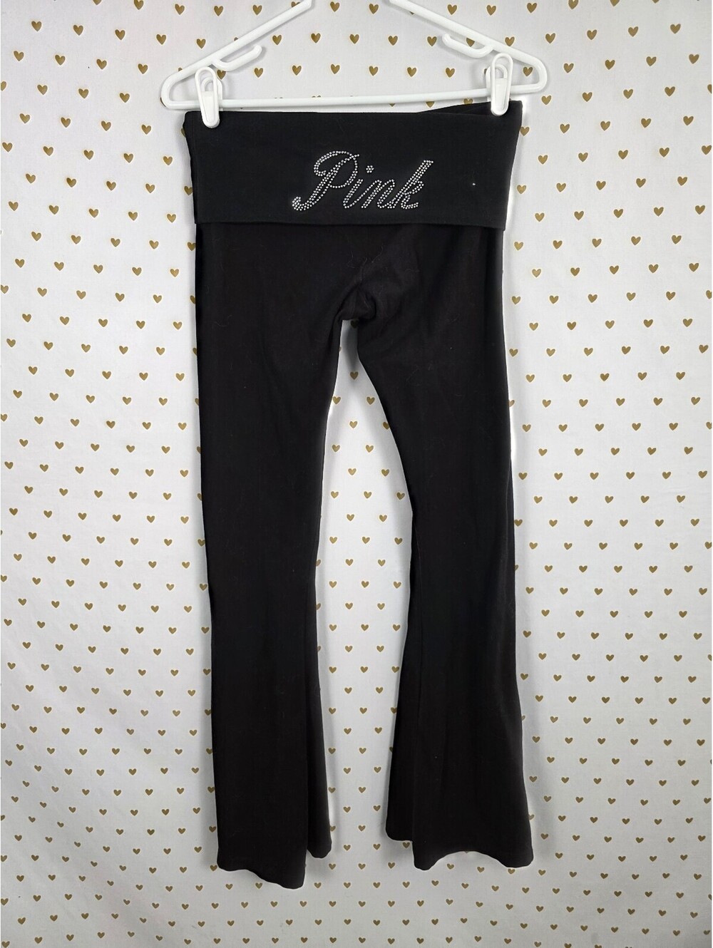 Victorias Secret PINK Bling Studded Logo Foldover Yoga Pants Flare Black Small